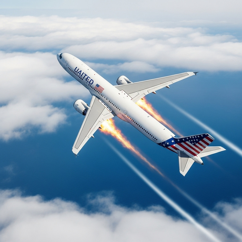 White Airplane Crashing in Blue Ocean with US Flag and Burning Engines