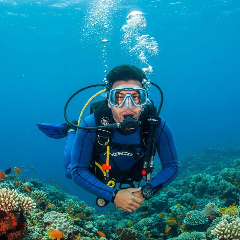 Hispanic Male Diver in Navy Blue Scuba Suit at Sea