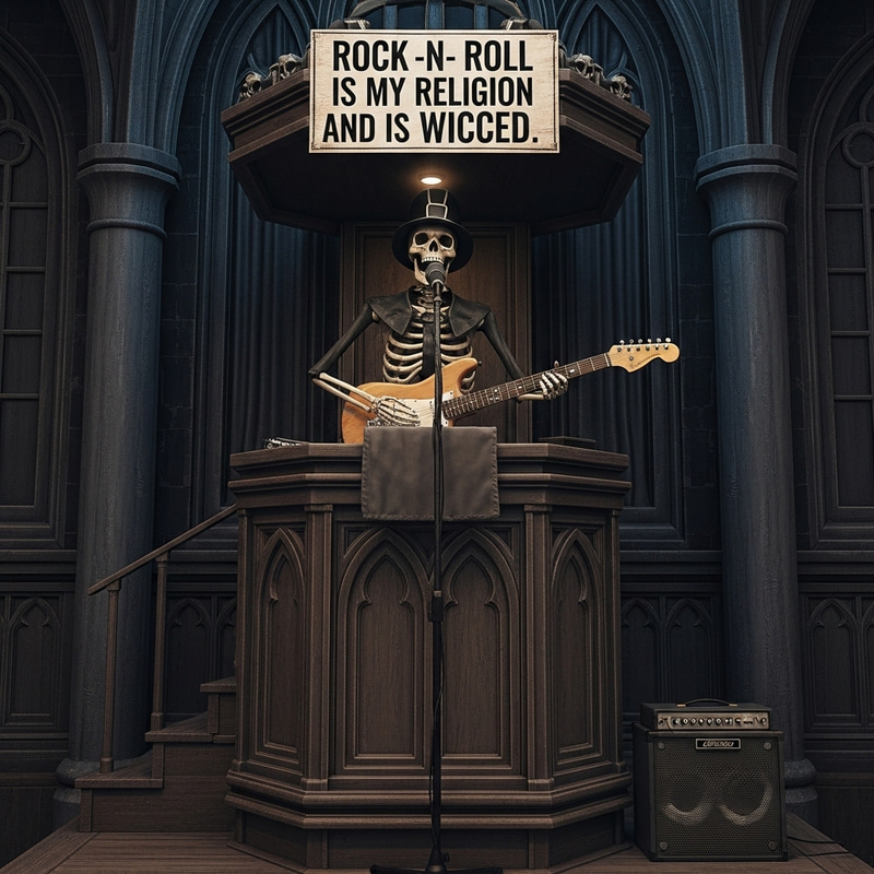 Skeleton Pulpit Preacher with Fender Guitar | Wicce Rock -n- Roll Sermon Skeleton Pulpit Preacher with Fender Guitar | Wicce Rock -n- Roll Sermon