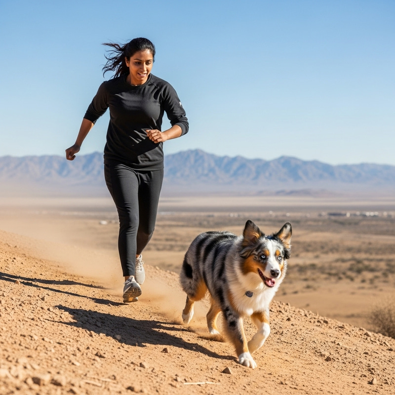 Woman Sprinting in Desert with Australian Shepard Woman Sprinting in Desert with Australian Shepard