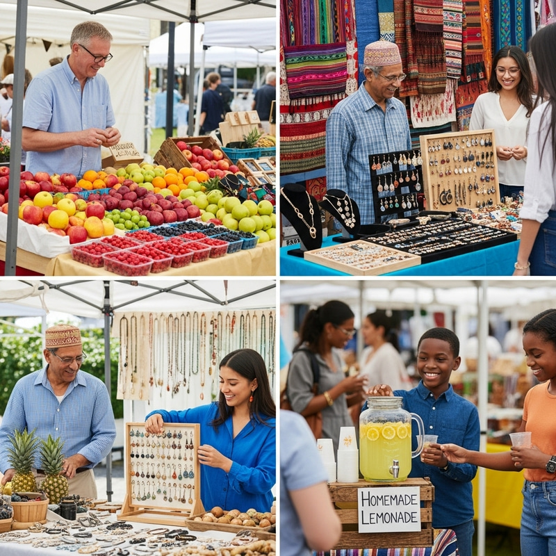 Vibrant Multicultural Marketplace with Fresh Fruits, Jewellery & Textiles Vibrant Multicultural Marketplace with Fresh Fruits, Jewellery & Textiles