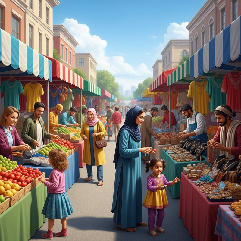 Vibrant Marketplace with Diverse Vendors and Customers