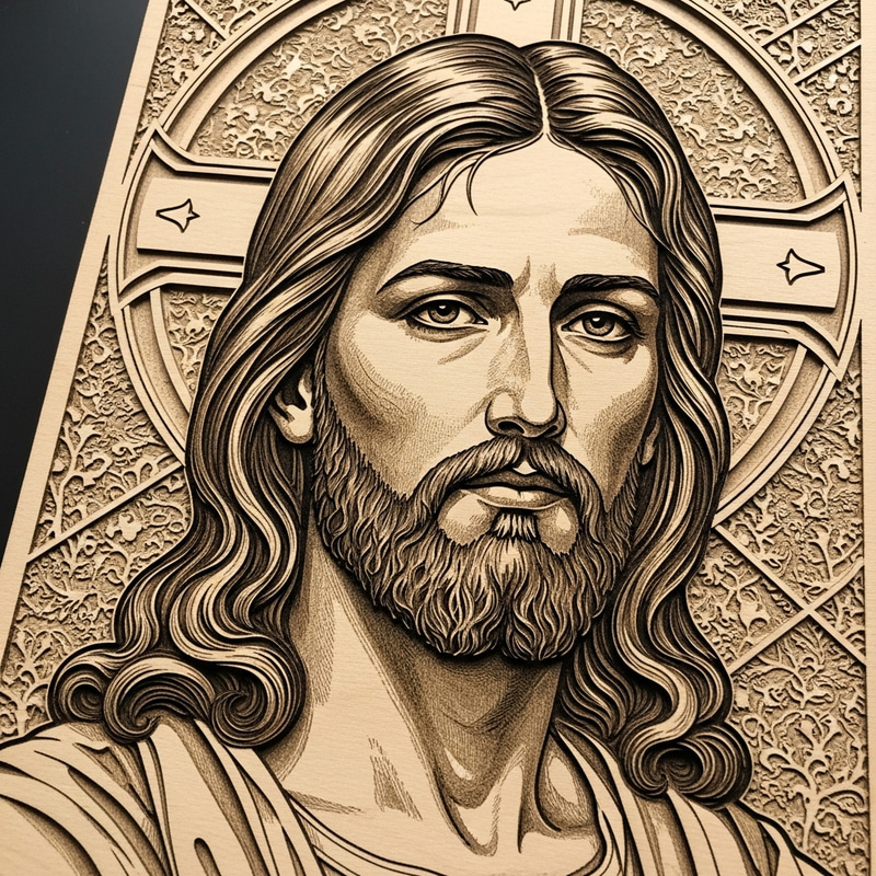 3D Engraved Wooden Portrait of Jesus Christ - Masterful Craftsmanship