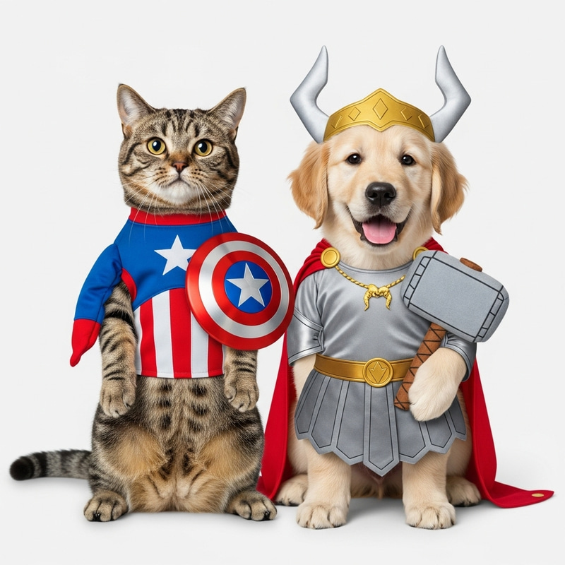 Cat in Captain America Costume Meets Puppy as Thor