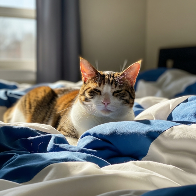 Languid Domestic Calico Cat Lounging on Cozy Bed in Golden Sunlight Languid Domestic Calico Cat Lounging on Cozy Bed in Golden Sunlight