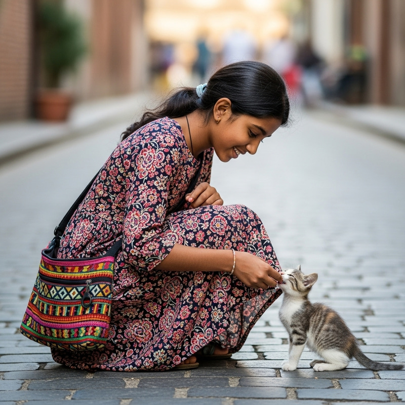 Kind-Hearted Girl in Dress Feeding Stray Kitten Kind-Hearted Girl in Dress Feeding Stray Kitten