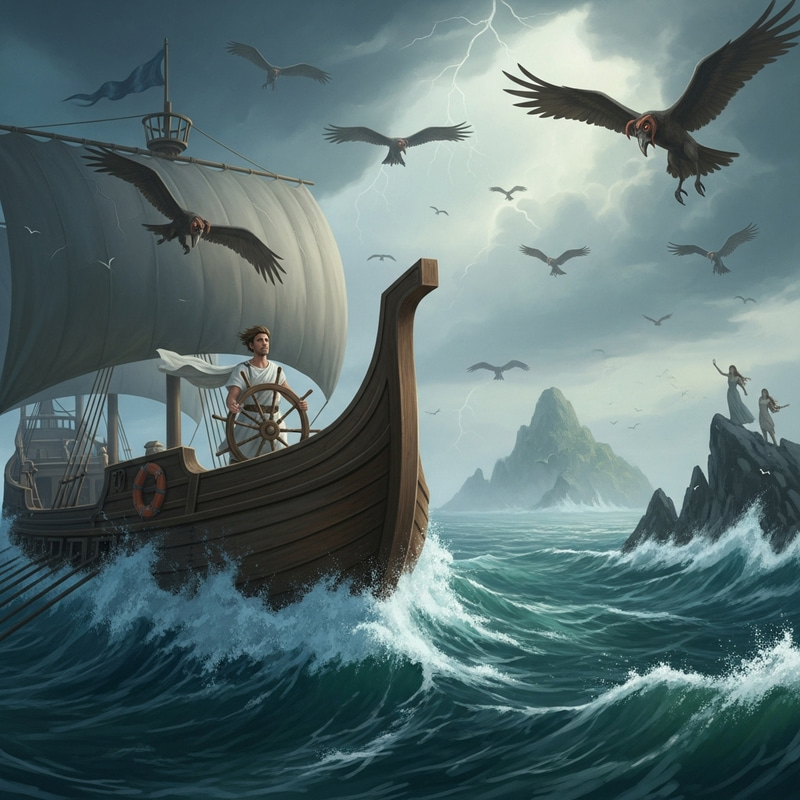 Journey of Odyssey: Odysseus Confronts Harpies at Sea