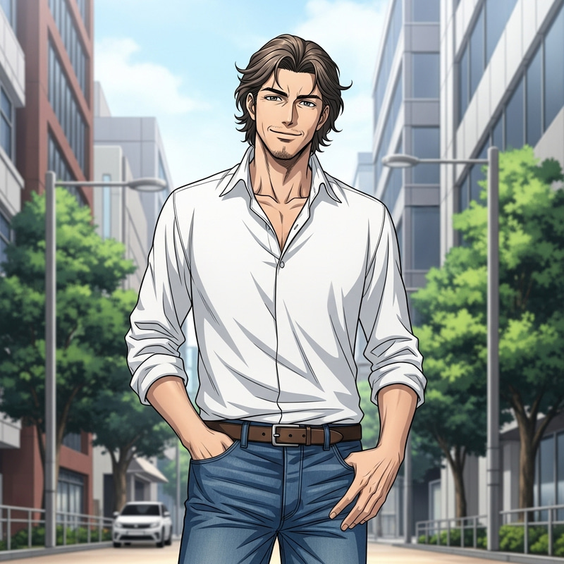 Charismatic Man with Wavy Hair Urban Style Charismatic Man with Wavy Hair Urban Style