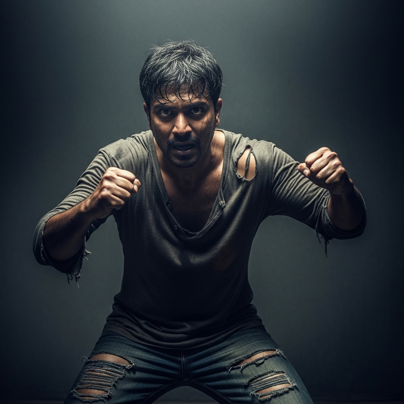 Desperate Fighter Swatting in Gritty Combat Scene