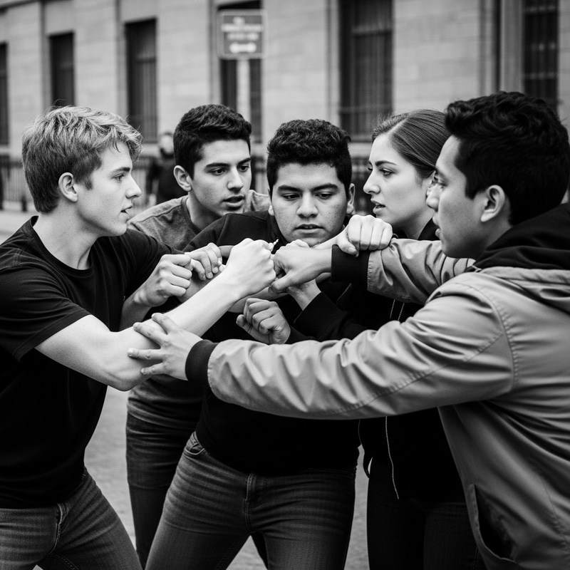 Urban Confrontation: A Dramatic Black and White Scene Urban Confrontation: A Dramatic Black and White Scene