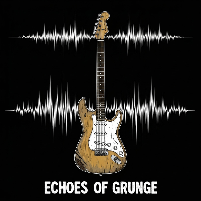 Echoes of Grunge Electric Guitar with Soundwaves Illustration Echoes of Grunge Electric Guitar with Soundwaves Illustration