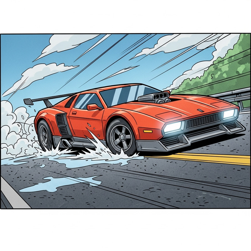 Vibrant Futuristic Car Stop | Dynamic Freeze Frame Cartoon