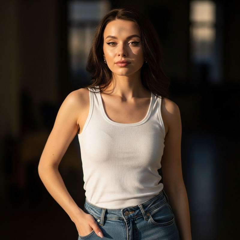 25-Year-Old Woman in Jeans and White Tank Top | Soft Facial Features 25-Year-Old Woman in Jeans and White Tank Top | Soft Facial Features