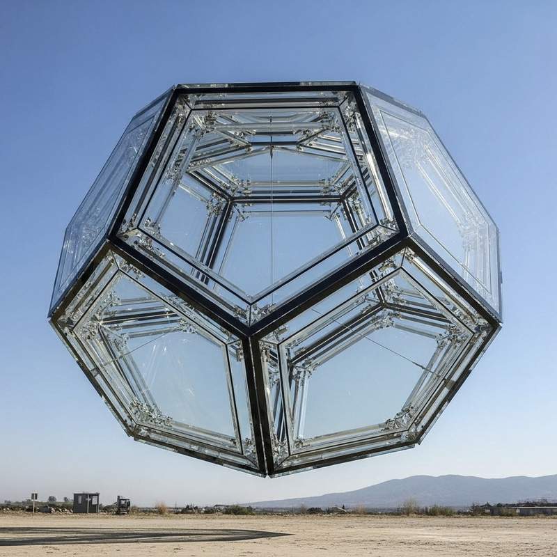 Iconic 50ft Clear Glass Dodecahedron Suspended in Air Iconic 50ft Clear Glass Dodecahedron Suspended in Air