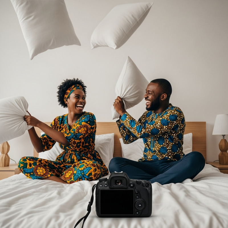 Captivating Pillow Fight: African Couple's Joyful Romance Immortalized Captivating Pillow Fight: African Couple's Joyful Romance Immortalized