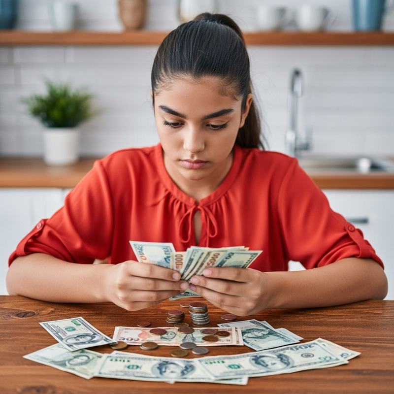 Hispanic Teenage Girl Counting Money with Serious Expression Hispanic Teenage Girl Counting Money with Serious Expression
