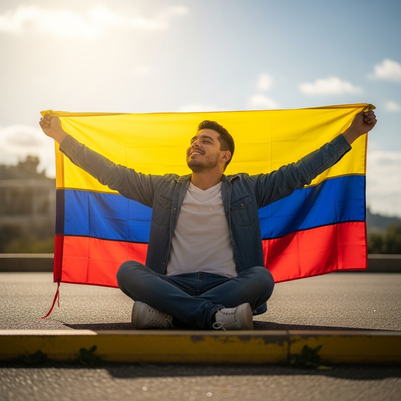 Colombian Man Sitting in Sunlight with Flag of Colombia Colombian Man Sitting in Sunlight with Flag of Colombia