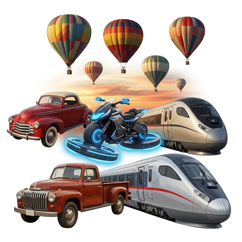 Abstract Carnival of Vehicles: Vintage Car, Hoverbike, Pickup Truck, Train & Hot Air Balloons Abstract Carnival of Vehicles: Vintage Car, Hoverbike, Pickup Truck, Train & Hot Air Balloons