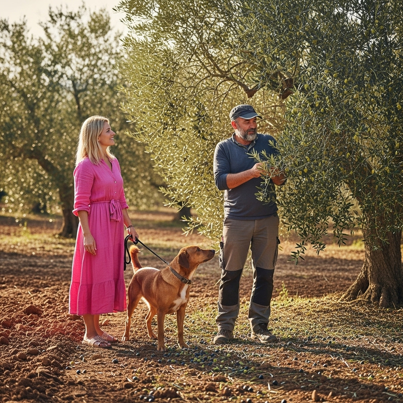Blonde Woman in Pink Dress with Dog in Olive Grove Blonde Woman in Pink Dress with Dog in Olive Grove
