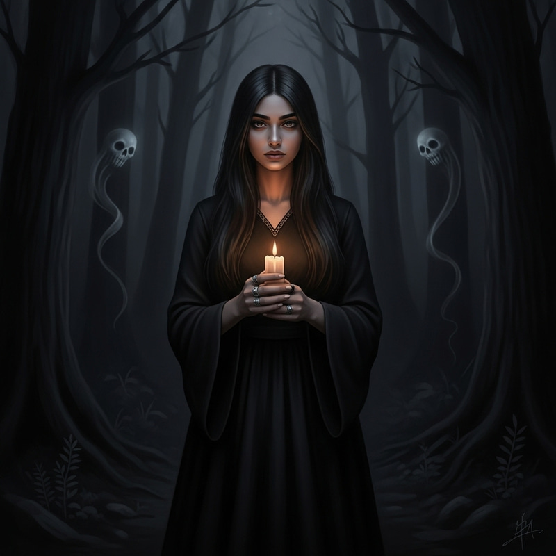Mysterious Dark Witch in Forest with Candle and Rings Mysterious Dark Witch in Forest with Candle and Rings