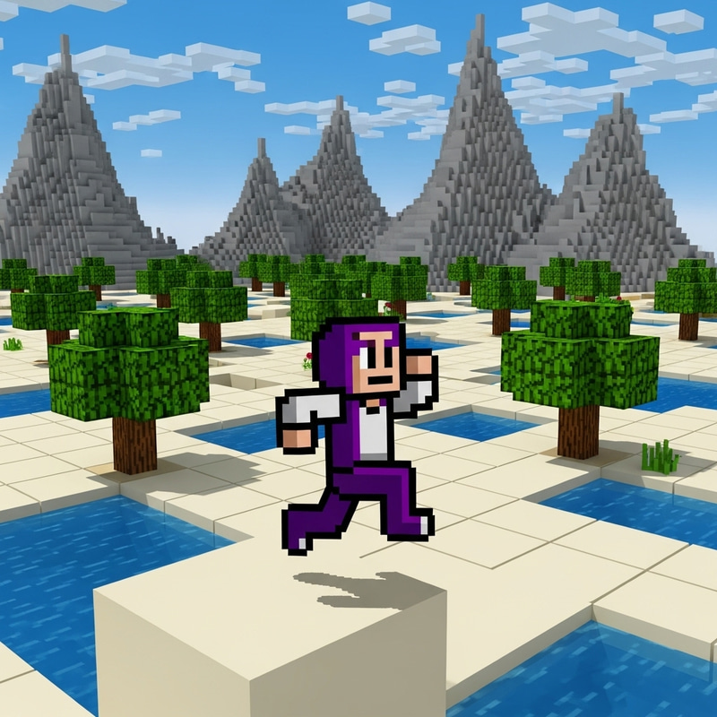 8-Bit Character Running in Blocky Landscape 8-Bit Character Running in Blocky Landscape