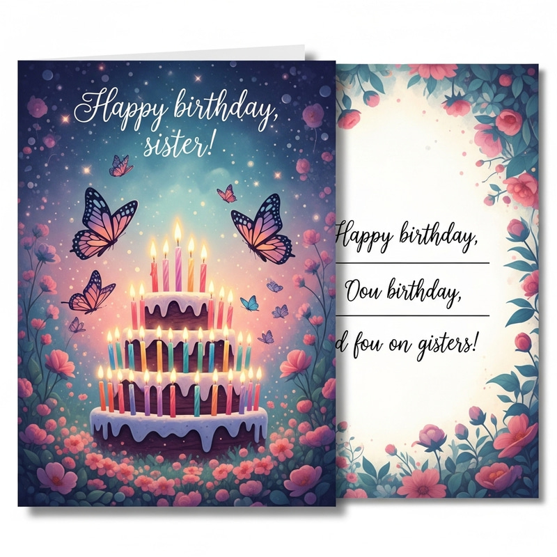 Magical Garden Birthday Card for Sister - Dreamy Fairy-Tale Design Featuring Whimsical Butterflies and Flowers