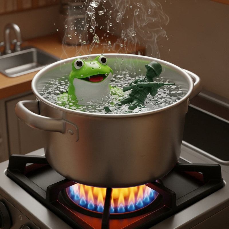 Toy Frog and Small Figure Boiling in Silver Pan Surreal Scene Toy Frog and Small Figure Boiling in Silver Pan Surreal Scene