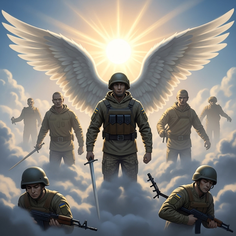 Ukrainian Soldiers Spirits Rise with Swords in Angelic Light Ukrainian Soldiers Spirits Rise with Swords in Angelic Light