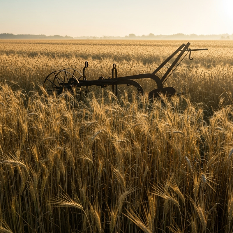Plow and Wheat Stalks: Golden Morning Agriculture Scene Plow and Wheat Stalks: Golden Morning Agriculture Scene