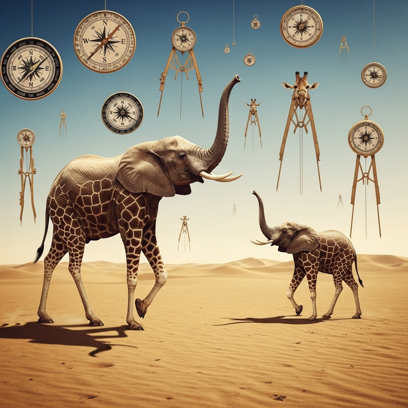 Surreal Desert Elephants with Giraffe Legs and Floating Compasses