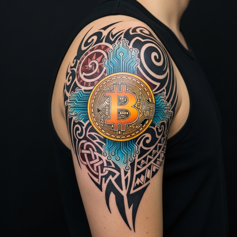 Bitcoin Tribal Tattoo Design - Colored Deltoid Ink Idea Bitcoin Tribal Tattoo Design - Colored Deltoid Ink Idea