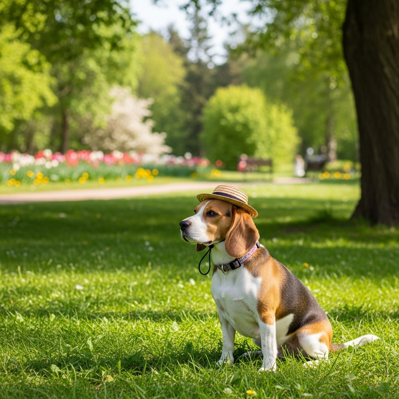 Cute Beagle in Hat Playing in Park Cute Beagle in Hat Playing in Park