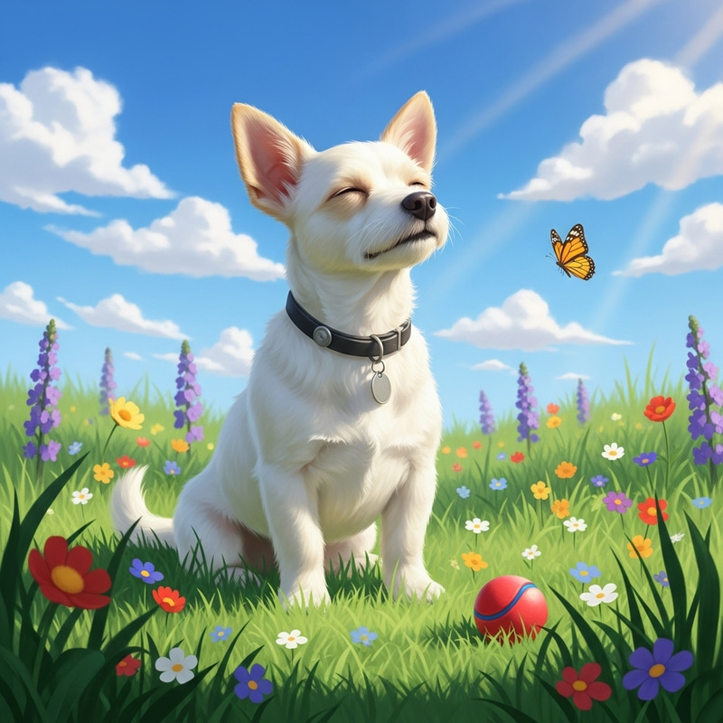 Tranquil White Dog in Meadow with Flowers Tranquil White Dog in Meadow with Flowers