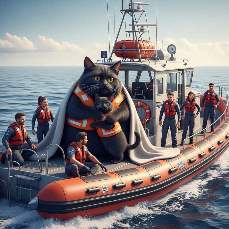 Realistic Black Cat and Kitten Rescued at Sea with Diverse Rescuers