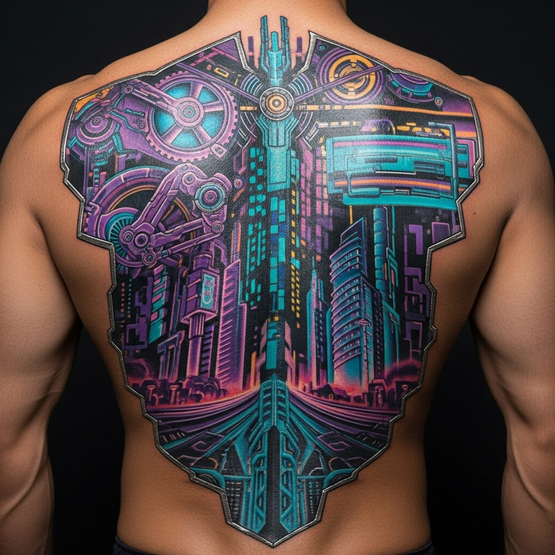 Detailed Cyberpunk Back Tattoo Design Detailed Cyberpunk Back Tattoo Design