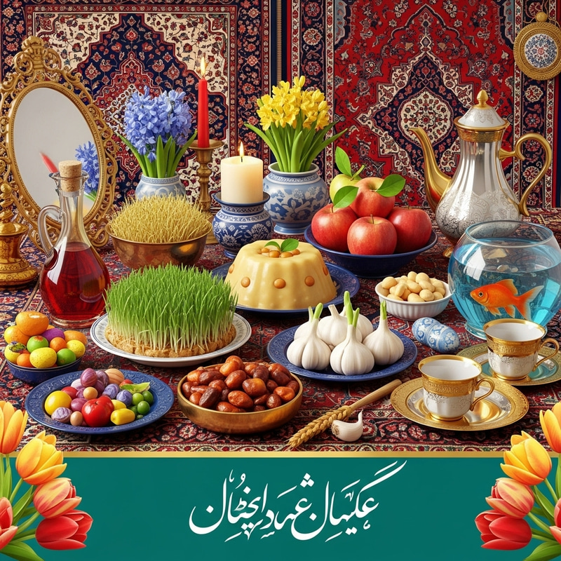 Persian New Year Card with Traditional Elements | Haft-Sin Table & Calligraphic نوروزتان پیروز