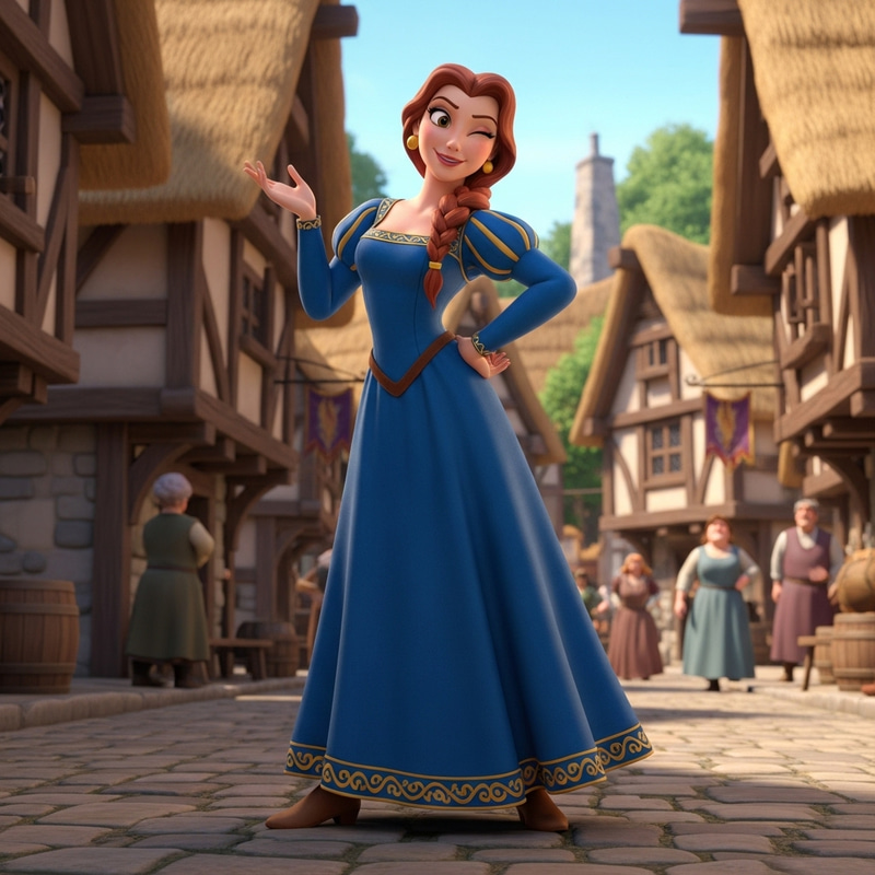Beautiful Woman Winking in Medieval Village - Pixar Style