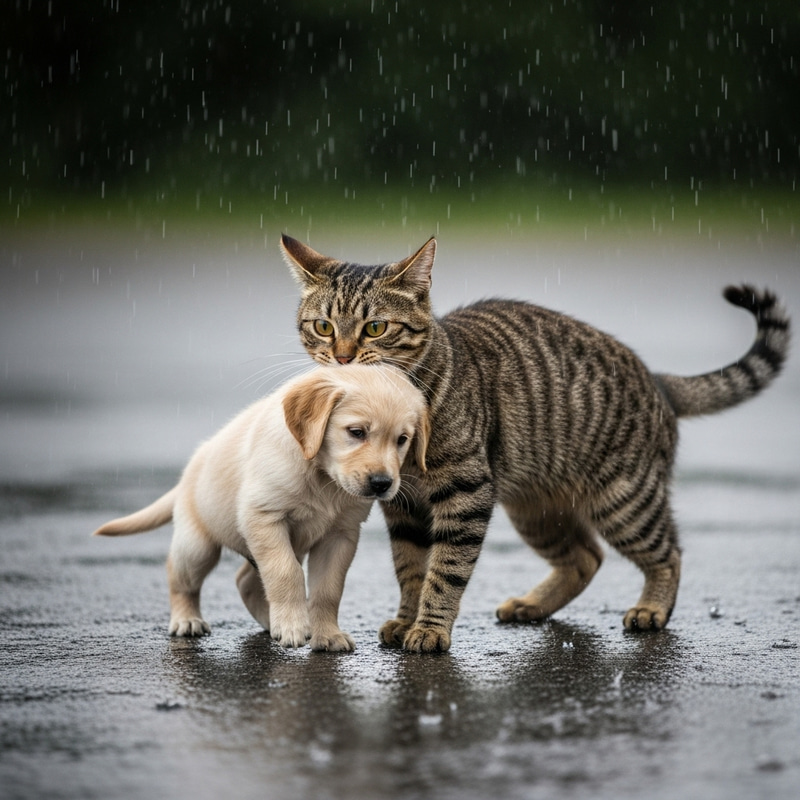 Cat Rescues Puppy in Brave Act in the Rain Cat Rescues Puppy in Brave Act in the Rain