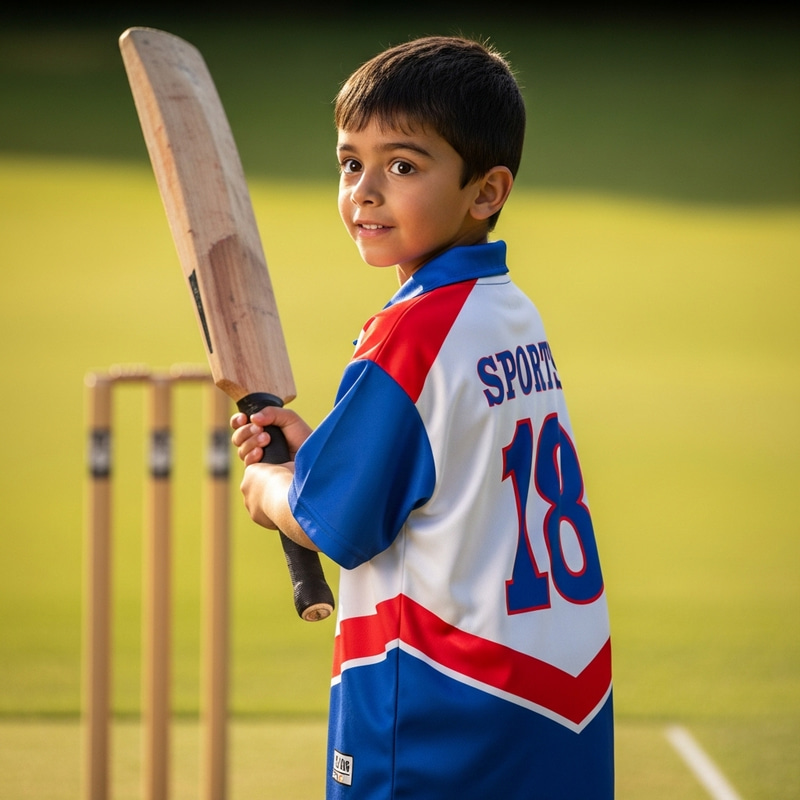 Young Boy with Cricket Bat and Virat Kohli Jersey Young Boy with Cricket Bat and Virat Kohli Jersey
