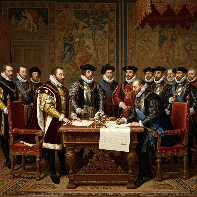 Henry VIII and Francis I Signing Treaty of Ardres in Renaissance Ceremony Henry VIII and Francis I Signing Treaty of Ardres in Renaissance Ceremony