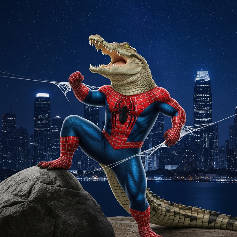 Crocodile Spiderman Hero Pose | Night Cityscape Background