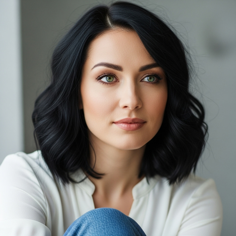 Captivating Woman with Green Eyes and Black Hair | Gazing Serenely in the Distance Captivating Woman with Green Eyes and Black Hair | Gazing Serenely in the Distance