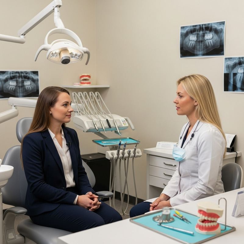 Meeting with Female Dentist: Interview with Blonde Patient Meeting with Female Dentist: Interview with Blonde Patient