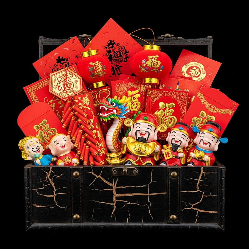 Traditional Chinese New Year Decorations in Vintage Chest Traditional Chinese New Year Decorations in Vintage Chest