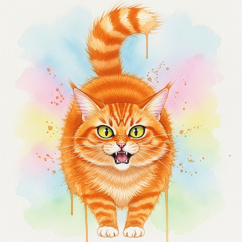 Enraged Cat Watercolor Portrait | Intense Orange Fur Enraged Cat Watercolor Portrait | Intense Orange Fur