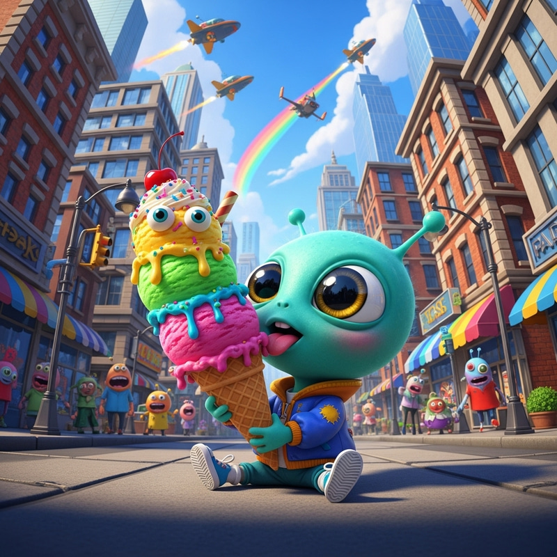 Charming Alien Eating Ice Cream on City Streets Charming Alien Eating Ice Cream on City Streets