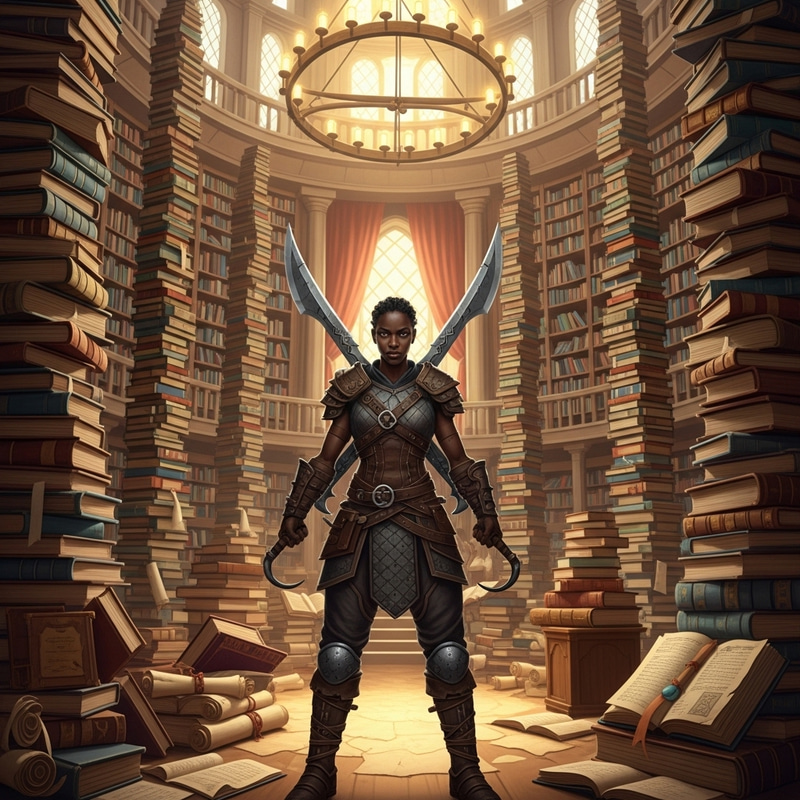 Determined Black Female Warrior in Library | Gleaming Swords & Towering Books