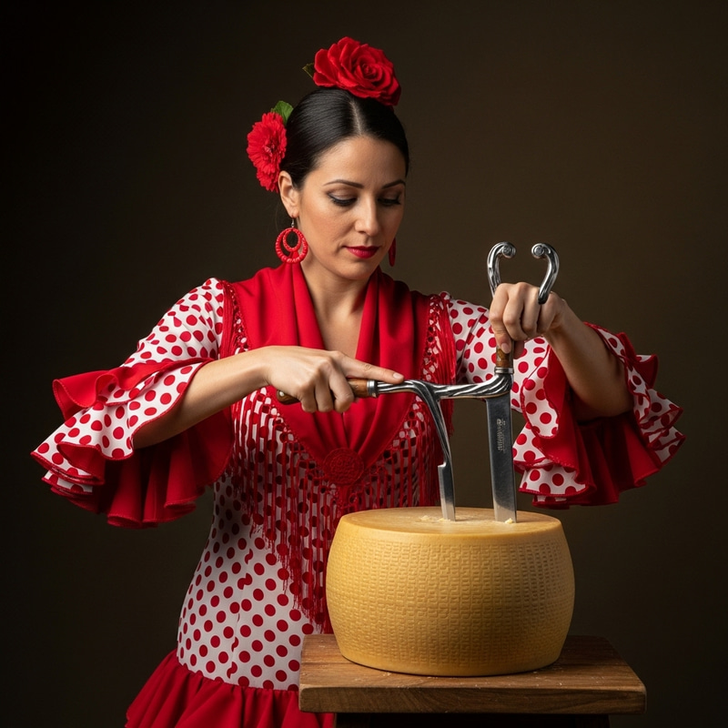 Hispanic Woman in Flamenco Dress Cuts Large Cheese