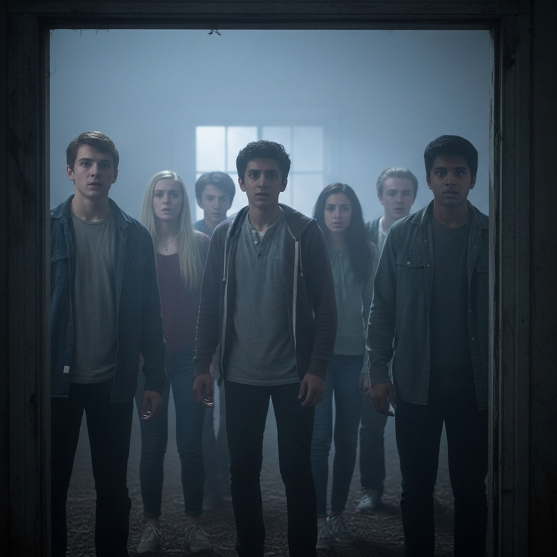 Scared Teens in Dark Abandoned House on Foggy Night