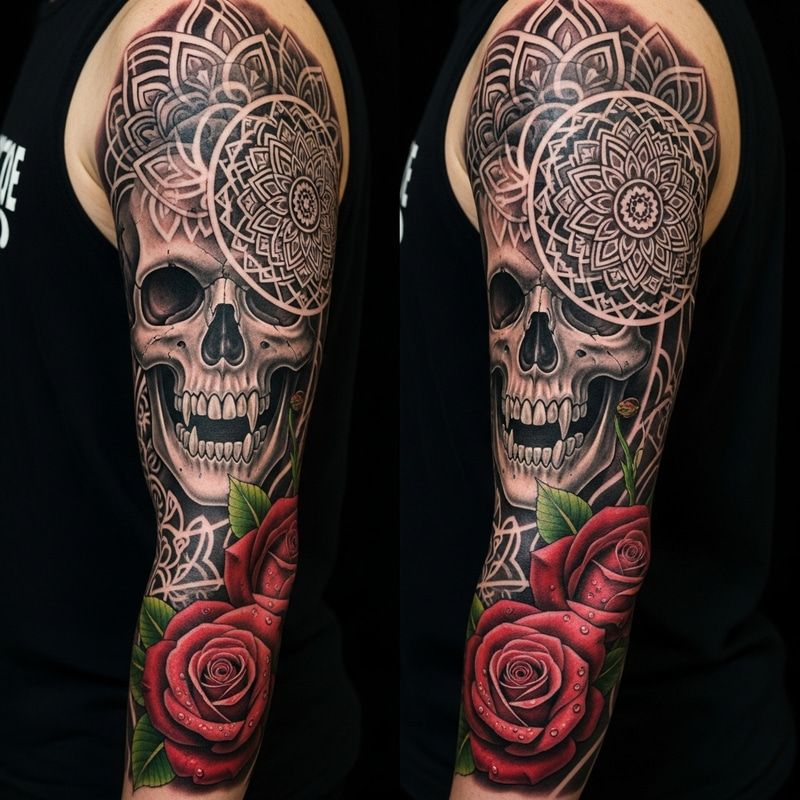 Stunning Arm Sleeve Tattoo: Skull, Mandala & Roses Stunning Arm Sleeve Tattoo: Skull, Mandala & Roses